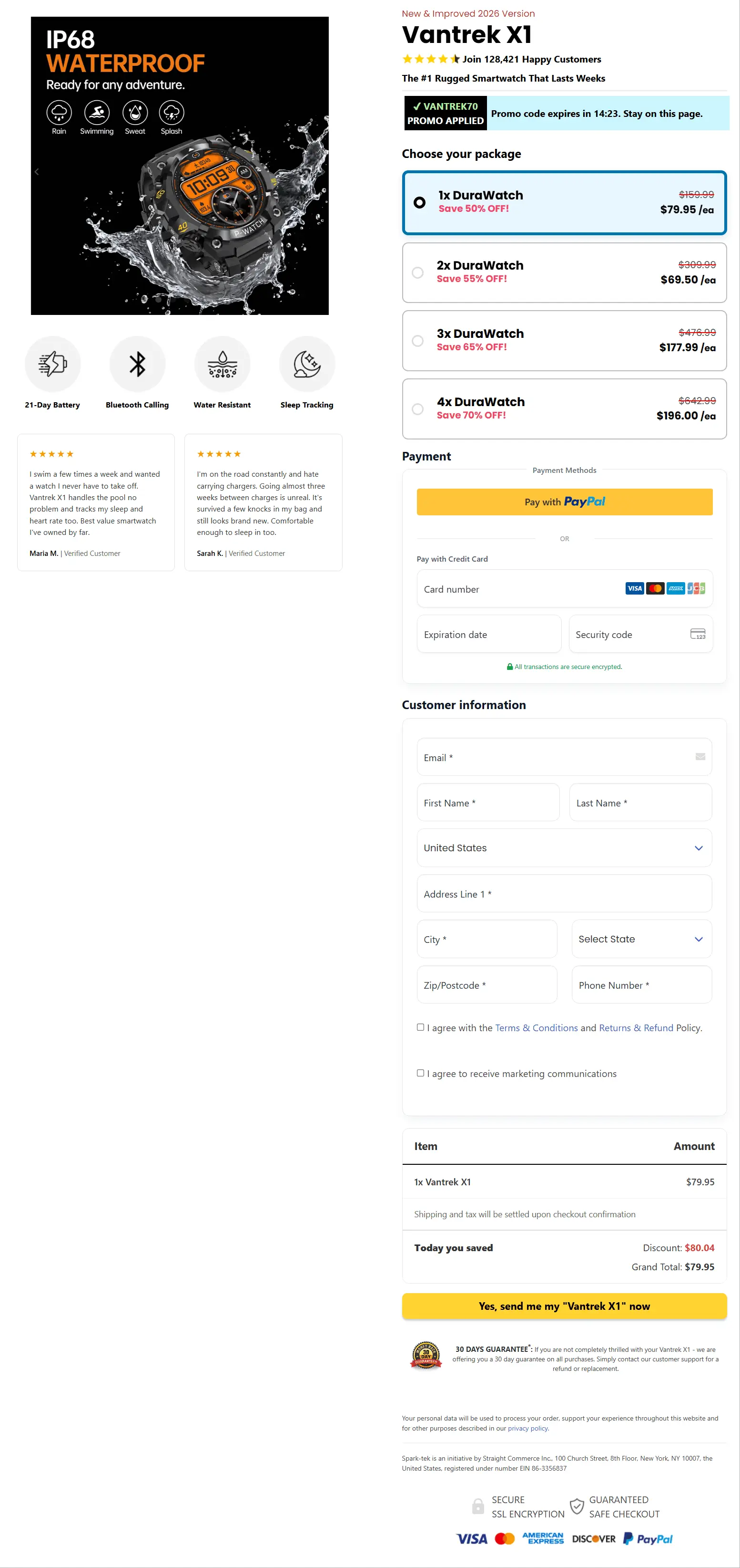 vantrek x1 smartwatch secure checkout page
